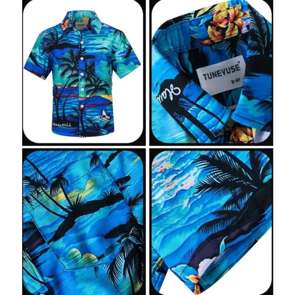 Tunevuse Boys Hawaiian 3pc‎ Cabana Set Shirt Shorts Hat Blue Hawaii Print NEW